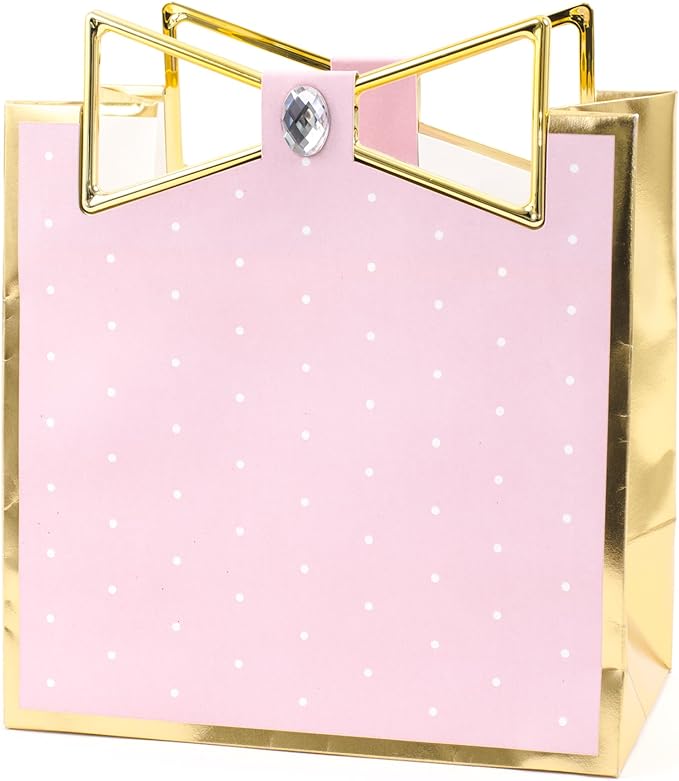 Hallmark Signature 7″ Medium Gift Bag (Pink with Gold Border and Metallic Bow) for Mothers Day, Birthdays, Engagements, Valentines Day, Sweetest Day and More