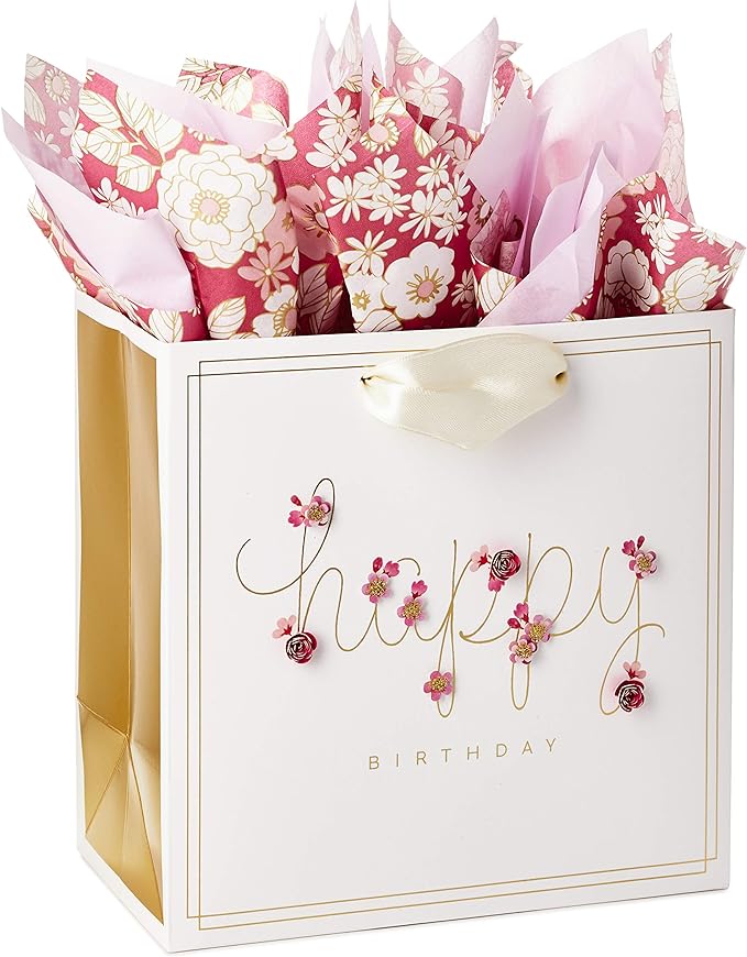 Hallmark Signature 7″ Medium Birthday Gift Bag with Tissue Paper (Pink Flowers)